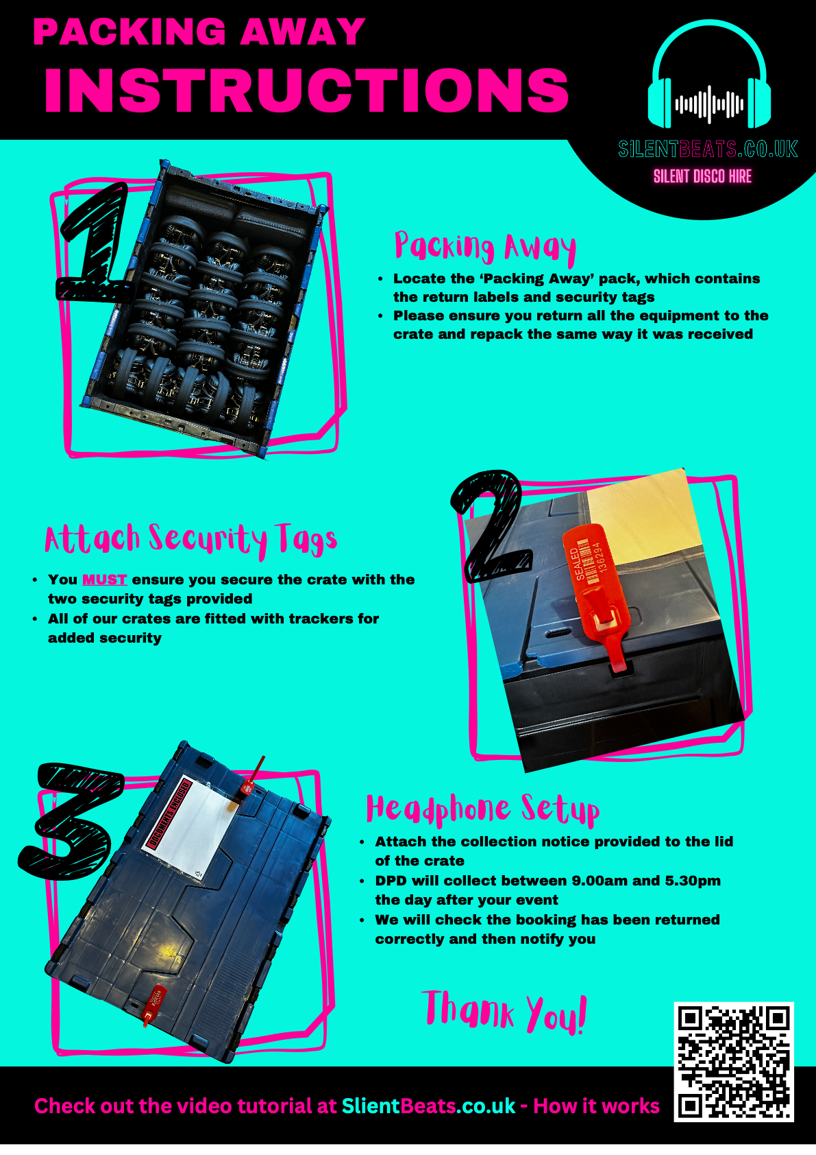 Silent disco packing away instructions — return crate, security tags, and DPD collection