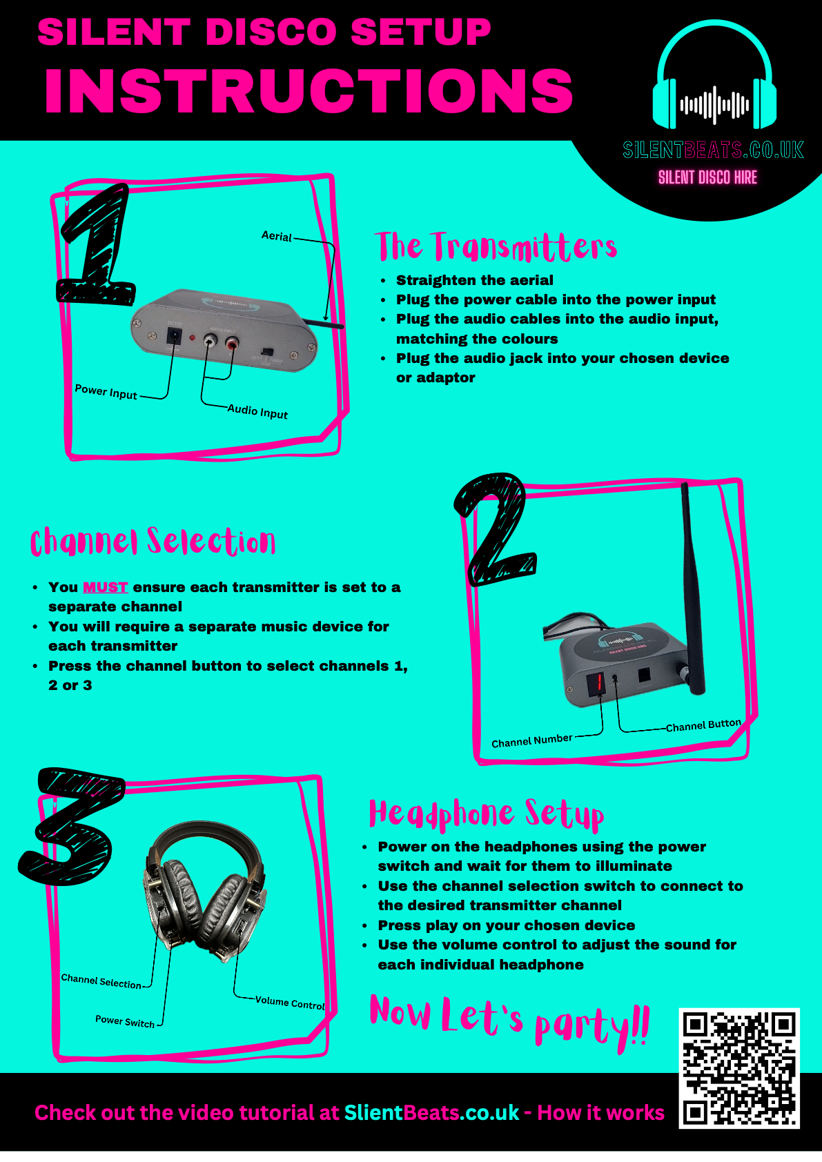 Silent disco setup instructions poster — transmitter, channel selection, and headphone setup